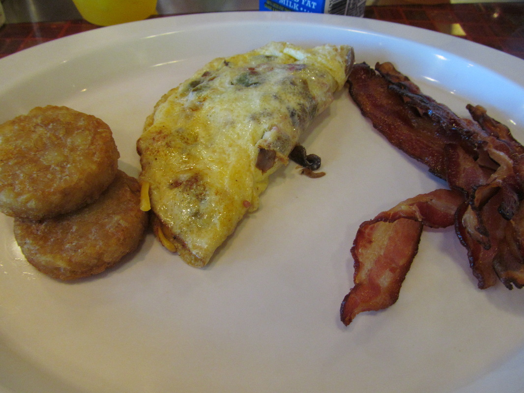 Hash Browns, Omelet, and Bacon