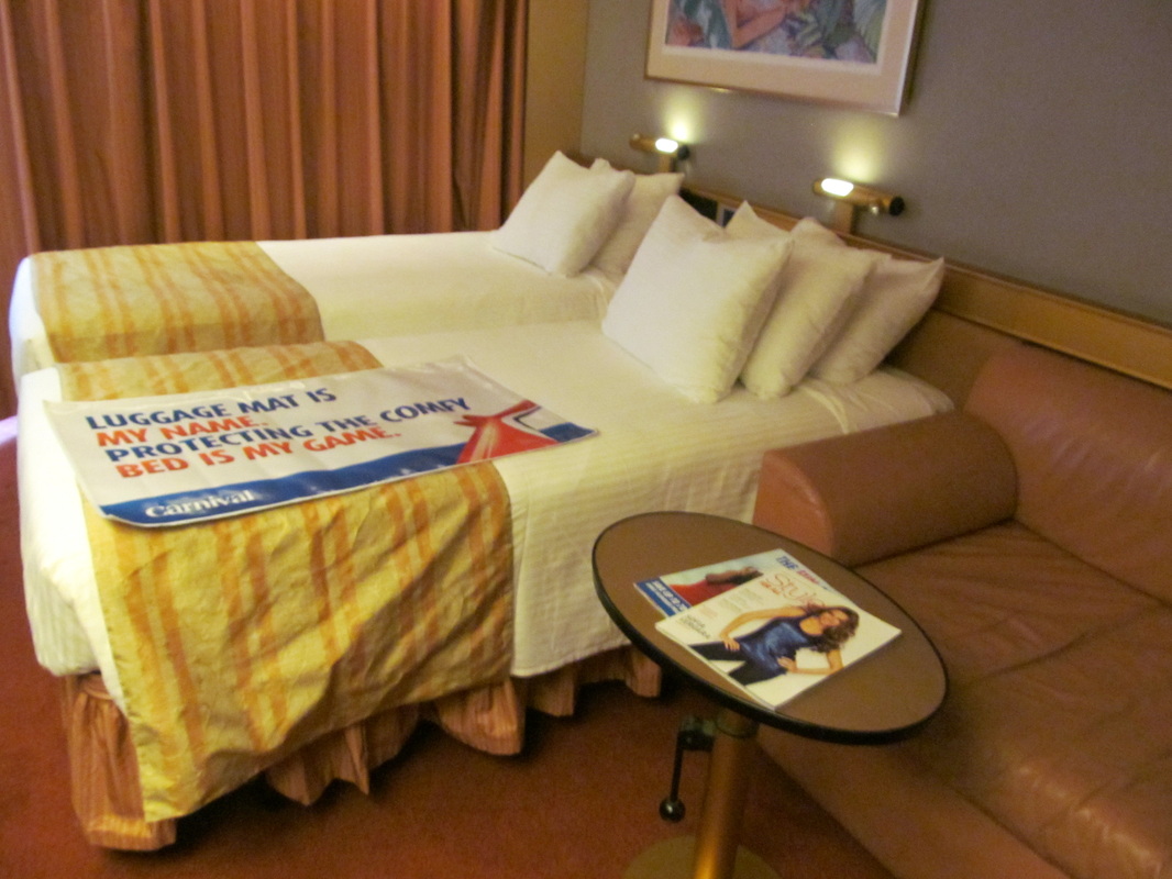 Close up view of beds in stateroom