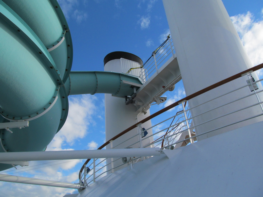 Looking up at the waterslide entrance.