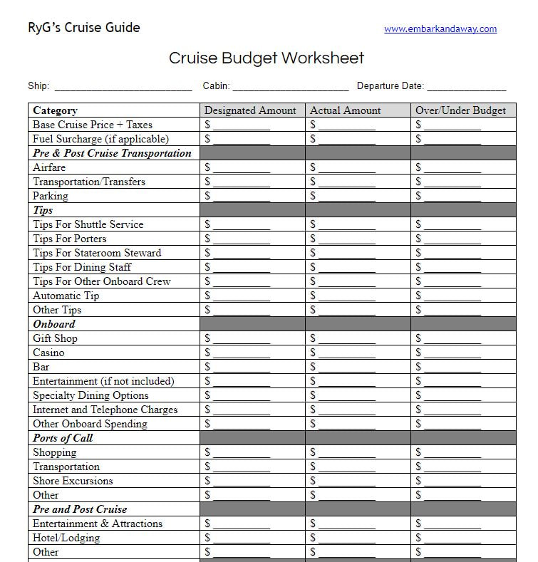 Cruise Budget Worksheet