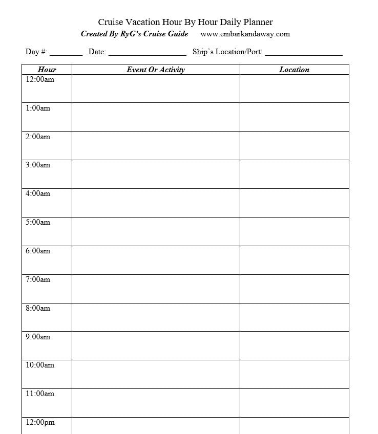 Cruise Vacation Hour by Hour Planner