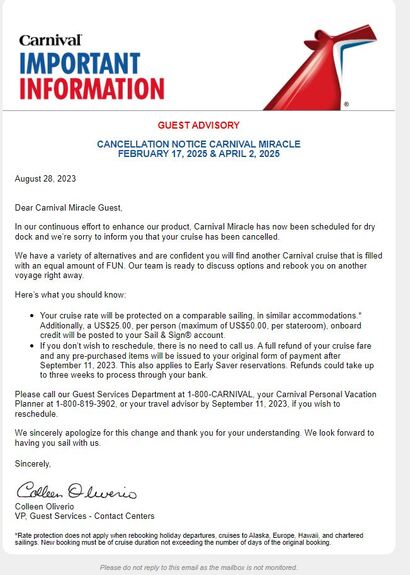 Carnival Miracle Cancelled Cruise Letter From Carnival