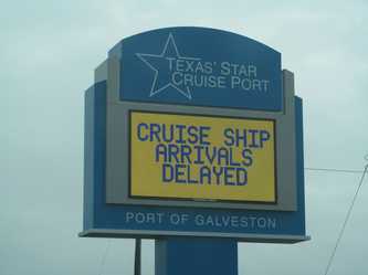 Galveston, Texas Port Sign Saying Cruise Ships Delayed Due To Fog
