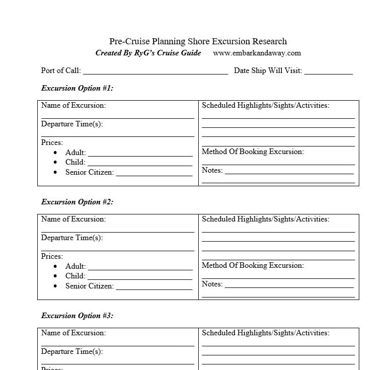 Cruise Shore Excursion Research Planning Worksheet
